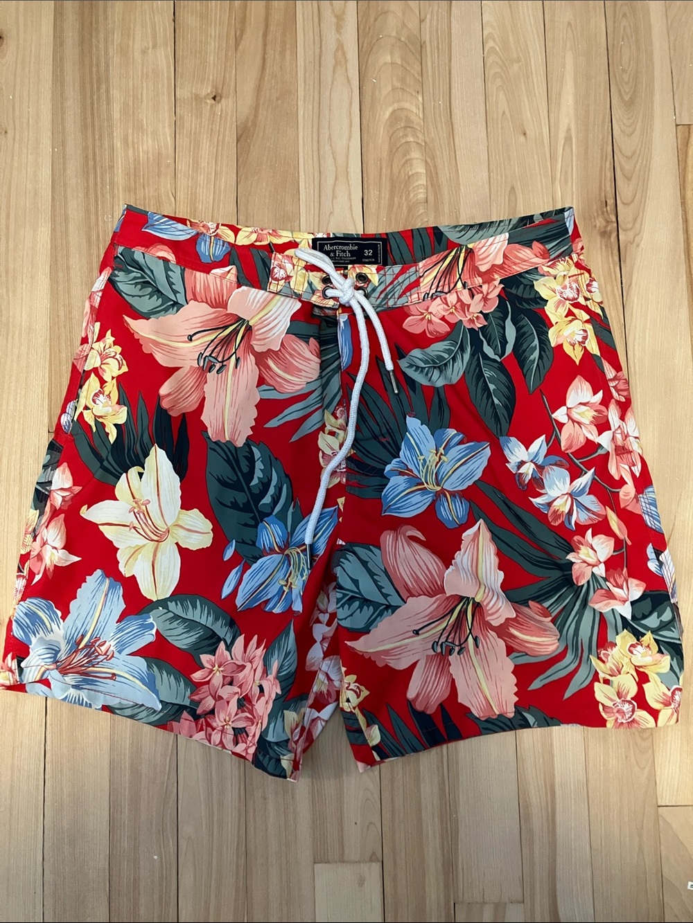 Abercrombie & Fitch Red Tropical Floral Swim Shorts